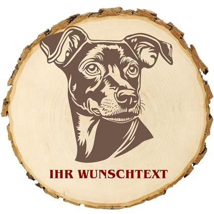 KIWISTAR UG - 14-16 cm Baumscheibe - Deutscher Pinscher - Hund - personalisiertes Geschenk individuell selbst gestalten - Name - Holzscheibe mit Wunschtext - Naturholz - Geschenk - Türschild