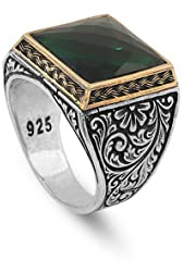 Jewellery Pit - Herrenring mit Smaragd – 925 Sterling Silber Siegelring im Ottomane-Design, Polierter Edelstein, Handgemachter Vintage Verlobungsring mit Adeau Silberputztuch (52)