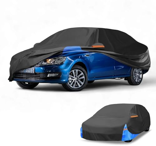 Partuto 210D-PU Full Car Cover for VW Polo Hatchback with Zipper | All Weather Waterproof UV-Resistant Outdoor, Full Cover, Right Side Zipper, Black Blue