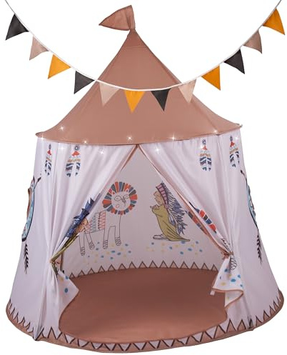 RELSY Tenda pop-up rossa a tema indiano per bambini Tepee, color bronzo caffè tenda per bambini, include 3 metri di luci LED e bandierine da 3 metri, grandi dimensioni 116 cm x 123 cm