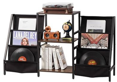 VEVOR Supporto per giradischi, 3 ripiani, in metallo, con supporto per dischi in vinile, supporto in legno, ideale per camera da letto, soggiorno, nero