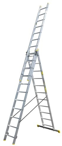 Bayersystem BS-DW 3x11 Mehrzweckleiter, 3x11 Sprossen, 3-teilige Alu-Kombileiter, bis 150 kg belastbar, max. Arbeitshöhe 6,98 m, Klappleiter, Multifunktionsleiter, Stehleiter, Silber/Gelb