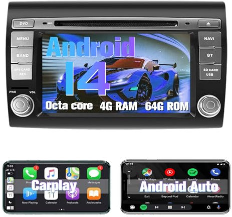 Autoradio Android per Fiat Bravo 2007-2014 con Schermo Stereo GPS, Wireless Carplay, Android Auto, Navigazione, Bluetooth, WIFI, FM/AM Radio [4G RAM+64G ROM], Lettore DVD