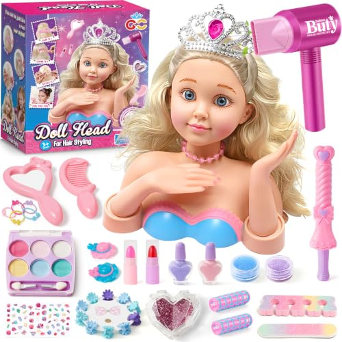 G.C Tete a Coiffer Maquiller Jouet Enfant Fille 4 5 6 7 8 Ans avec Tête à Coiffer Sèche Cheveux Maquillage Vernis à Ongles Accessoires de Coiffure, Set Coiffure Jouets Cadeau Anniversaire Fille