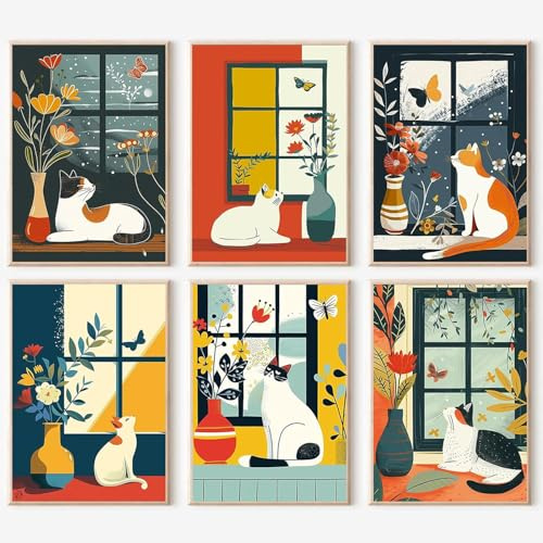 JATOK Malen nach Zahlen Erwachsene, 6er-Set, Katzen am Fenster, 25 x 35 cm | Paint by Numbers Adult mit Acrylfarben und Pinseln Handgemalt Ölgemälde Leinwand DIY-Projekt für Anfänger, Ohne Rahmen