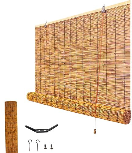 LJDJRHXH Retro Raffrollo Outdoor Bambusrollo Wetterfest Bambus Rollos, 30-160 cm Breit Natürliches Schilf Vorhänge Lichtfilternde Fensterrollo, Seitenzugrollo Sichtschutz Jalousien Mit Lifter