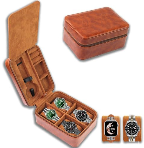 Juntan Estuche organizador de viaje para 5 relojes y organizador de joyas, funda de viaje de piel sintética resistente y portátil con cremallera para almacenamiento de anillos y relojes (marrón)