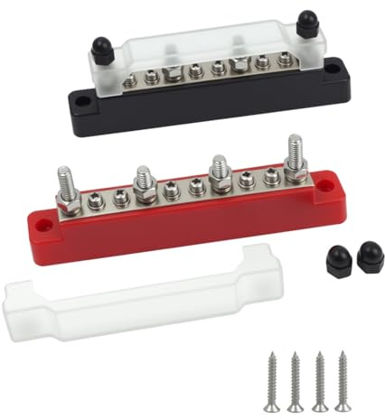 12v-48v 2 PCS Bus Bar Power Distribution Block with Cover and Ring, Dc Single Insulated Junction for Car Rv Yacht Boat Ships Red and Black Terminal Power Distribution Block Abs Zinc Alloy Brass
