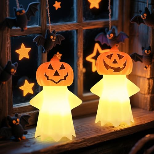 Halloween Kürbis Lantern Geister Deko, 2 Stück Halloween Deko Kürbis Geister Figuren mit LED Licht, Helloween Geist Lantern Pumpkin Beleuchtete Nachtlicht für Tischdeko