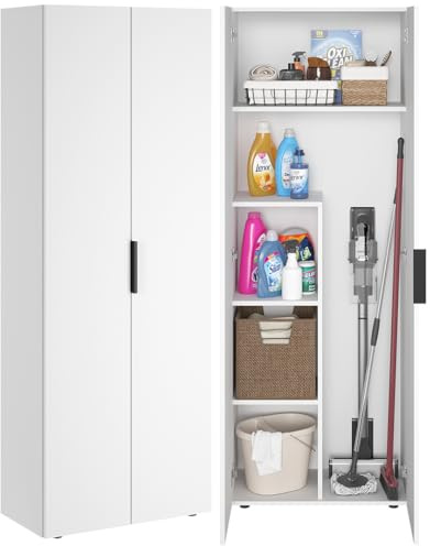 Bellamio Lurio Mehrzweckschrank 60 cm, Weiß, 5 Fächer, Staubsaugerfach | Besenschrank aus Holz mit schwarzem Griff, Flurschrank, Haushaltsschrank, Vorratsschrank, Putzschrank, 176x33x60 cm