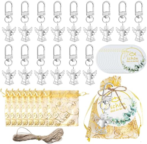 Luxvara 25 Stücke Schutzengel Anhänger, Gastgeschenk Taufe, mit 25 Stücke Organzasäckchen 25stücke Etiketten Anhänger, Silber, für Hochzeit Taufe,Kommunion, Party Geschenk