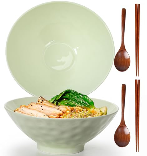 TuYines Ramen Bowls Set of 2, 1200ML Ceramic Ramen Bowls with Spoons and Chopsticks,Japanese RamenBowl,Porcelain Salad Bowls for soups, Salads, Rice Noodles
