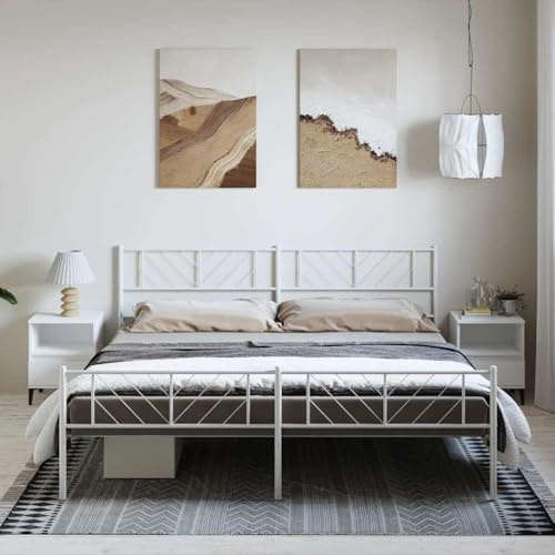 QJBSAVVA Metallbettgestell Weiß 207x198x90 cm Doppelbett mit Kopf- und Fußteil aus Stahl, Modernes Design und Stauraum für Schlafzimmer und Jugendzimmer