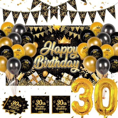 Fizdoqg 30 Geburtstag Männer Frauen Deko, 30 Geburtstag Deko Schwarz Gold | 180 * 110cm Groß Größe Hintergrund Banner mit Luftballon Servietten für Geschenke, Geburtstagsparty Dekoration