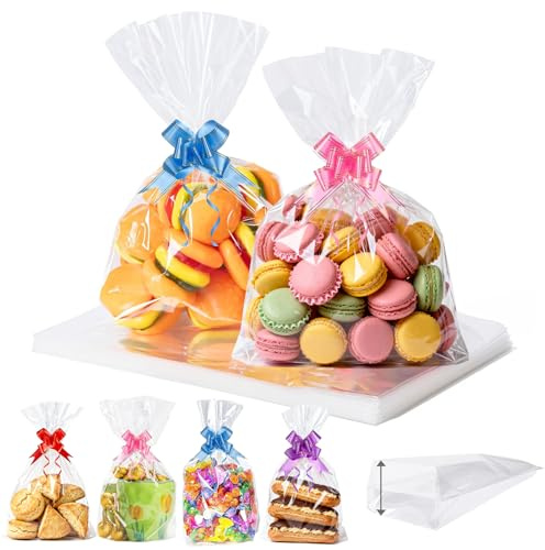 100 Stück Cellophantüten Durchsichtig mit Zugschleifen 20 cm x 30 cm | Klarsichttüten mit Boden - Lebensmittelsichere Plätzchentüten für Süßigkeiten, Mitgebsel, Geschenke und DIY
