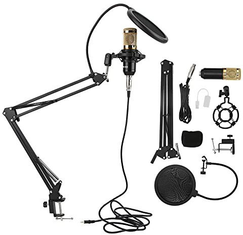 Kit de micrófono de condensador BM800, micrófono de grabación profesional USB con brazo flexible, sonido de calidad de estudio para PC de escritorio, incluye soporte antigolpes y (Negro y dorado)