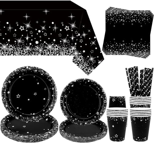 Obussgar Black Silver Party Decorations - Black Silver Party Tableware Supplies Includes Plates, Cups, Napkins, Tablecloth, Straws - Serves 20
