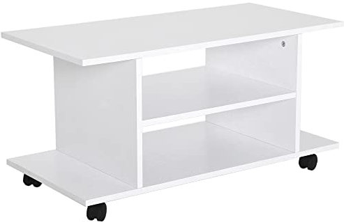 HOMCOM Mobile TV Moderno con Ripiani, Mobiletto Porta TV da 42 con Ruote Girevoli a Freni, 2 Piccolo Ripiani Laterali per Soggiorno e Camera da Letto, 80x40x40 cm, Bianco