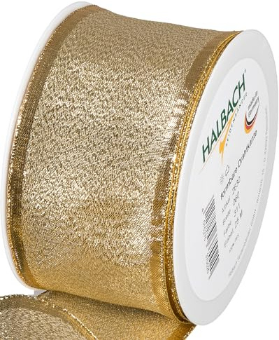 Halbach sidenband presentband guld – tillverkad i Tyskland – med formbara trådkanter | 60 mm x 25 m | ädelt gyllene band för bröllop eller jul