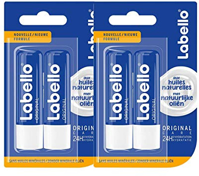 NIVEA Labello Original (4 x 5,5 ml), Bálsamo labial enriquecido con aceites naturales y textura untuosa, cuidado de los labios Hidratación de larga duración durante 24 horas