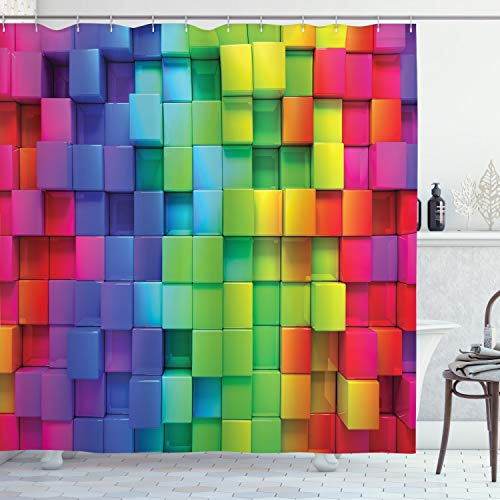 ABAKUHAUS Bunt Duschvorhang, Rainbow Color, Stoffliches Gewebe Badezimmerdekorationsset mit Haken, 175 x 220 cm, Lila Grün