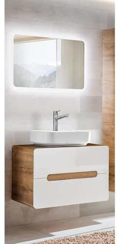 Lomadox Badezimmer Waschplatz Set mit Keramik-Waschtisch LUTON-56 Hochglanz weiß mit Wotan Eiche Nb. B/H/T ca. 80/200/46 cm