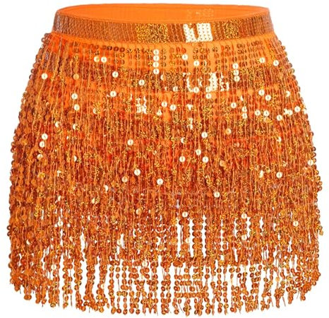 Wuchieal Pailletten Glitzer Rock - Bauchtanz Kostüm Mit Quaste Hüfttuch - Festival Kleidung Outfits Gürtel (Orange, One Size)