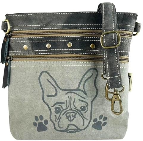 Sunsa Damen Umhängetasche. Graue Crossbody mit viel Fächer & Hund Aufdruck | Hundeliebhaber Tasche. Mittelgroß Schultertasche für Freizeit, Alltag & Urlaub. Unisex Vintage Retro Damentasche