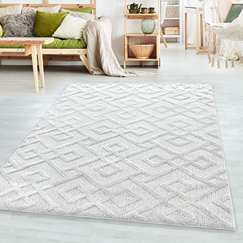 SIMPEX Teppich 200x290 cm Creme 3D Hoch-Tief Effekt Hochflor Skandi Stil Rauten Design Modern Weich Pflegeleicht strapazierfähiger Teppich für Wohnzimmer Esszimmer Schlafzimmer