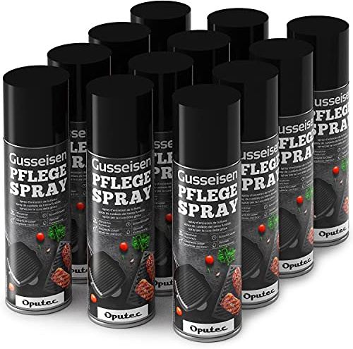 Oputec 12 x 500ml Spray d'entretien pour la Fonte - Anti-adhésif - Accessoires de Barbecue idéaux pour la Protection des grilles, poêles, casseroles, Dutch Oven, grilles de Barbecue, rôtissoires