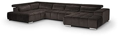 Mivano Wohnlandschaft Orion / Riesige Sofalandschaft in U-Form inkl. XL-Recamiere und Kopfteilfunktion / 409 x 73 x 225 / Velours, Braun