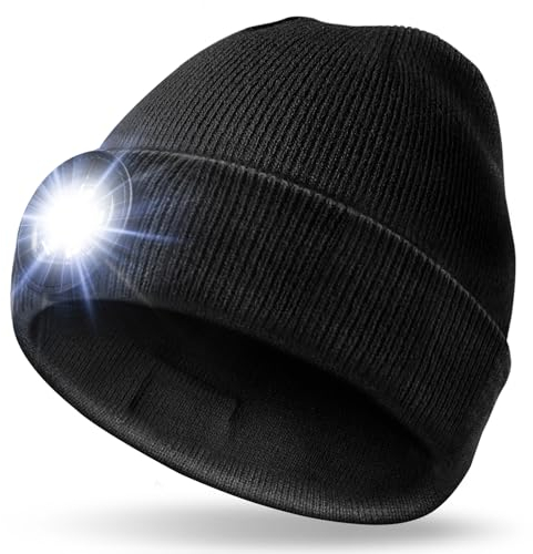 UNBON Geschenke für Männer Mütze mit LED Licht, Beleuchtete Mütze mit Licht 3 Helligkeiten, Wintermütze mit Licht Männer Geschenke Weihnachten Geburtstag Adventskalender Männer Schwarz