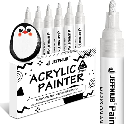 Paint Pens White Thick 2-3 mm, 6pcs Permanent Acrylic Paint Pens for Rock, Metal, Glass, Wood, Fabri, Tyre Painting White Markers