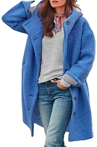 shownicer Manteau Femme Hiver Long Elegant en Laine Grandes Tailles Chic Slim Chaud Revers À Double Boutonnage Veste avec Ceinture Mode Coat Outwear B Bleu L