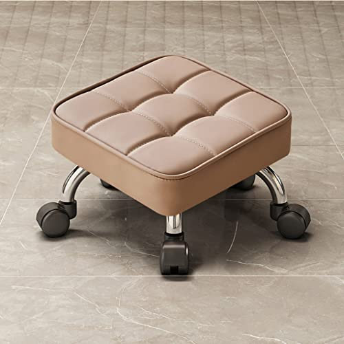 WAEYZ Quadratisch Geformter Niedriger Rollhocker, Rollensitz Kurzhocker, mit Universal-Lenkrollen Leder Niedrige Kleine Hocker, Werkstatt-Rollsitze Gepolstert (Color : Khaki, Size : 33 * 33 * 24cm)