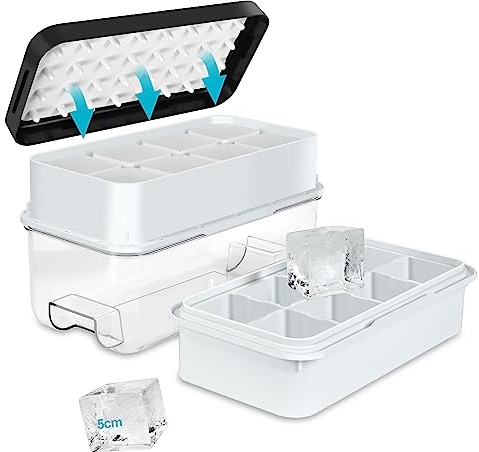 Large Ice Cube Tray, Easy Release Press Ice Cube Moulds with Lid, No Overflow Silicone Moulds with Stackable Lid, Perfect for Cocktails & Party Drinks, for 16 Large Ice Cubes(5cmx5cmx4.5cm), Black