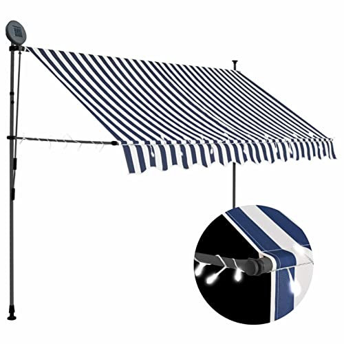 Homgoday Retractable manual awning, water and dirt repellent sun shade shelter with LED and hand crank, 300 cm polyester canopy with PU coating for garden, balcony and patio