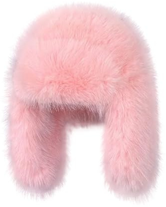 BSYLOO Luxuriöse Trappermütze aus Kunstnerzfell, reine Farbe, schlicht, für Damen, Wintermütze, Pelzmütze, Uschanka, warm, Pink, S-XL