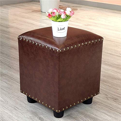 Leder Gepolsterter Cube Pouf Ottoman,Pouf Fußhocker Massivholz Quadratisch Leder Wohnzimmer Couchtisch Kleine Bank-Braun 30x30x40cm(12x12x16inch)