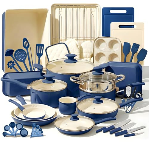 NutriChef Set 54 Pezzi Professionale con Pentole, Padelle e Teglie da Forno in Ceramica Antiaderente, Compatibile con Piani Cottura a Induzione