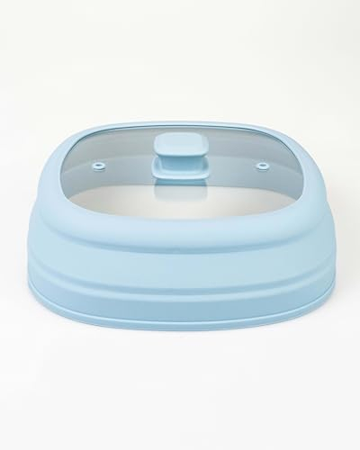EarlyBird eckige Glas & Silkon- Mikrowellenabdeckhaube faltbar - Quadratisch - Glasdeckel - Schutzhaube für Essen - belüftet - Abdeckung Teller (Taubenblau, 27cm)