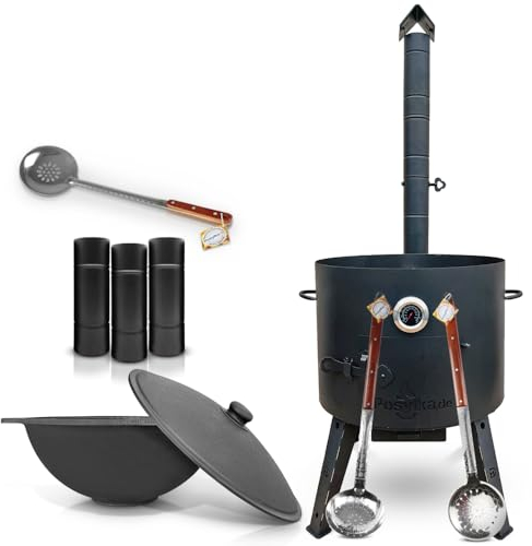 Utschak - Hornillo de fuego con tubo de extensión, termómetro, olla de hierro fundido, base redonda con tapa (22 L) KazanoFF, Учаг, kazan exterior, brasero, camping, kazan, cañón de goulash holandés