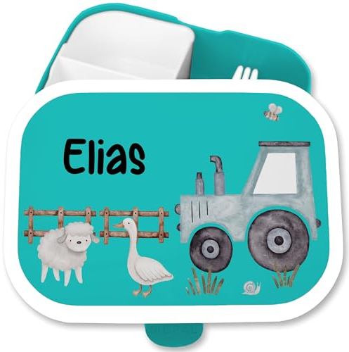 Kinder Campus für Mepal - Personalisierte Traktor Brotdose mit Tieren I Kindgerechte Lunchbox mit Traktor und Bauernhoftieren - 750 ml - Türkis - unterteilte trecker vesperdose kindergarten bagger