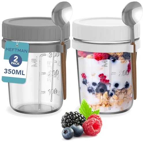 HEFTMAN Tarros de vidrio para avena nocturna con tapas, paquete de 2 tarros de avena nocturna de 350ml con cucharas, herméticos, aptos para alimentos, con tapas para yogur, pudín de chía