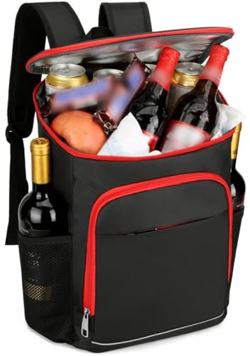 YYKSYDPT 24L Kühlrucksack, Wasserdicht Rucksack mit Kühlbox für Herren und Damen, Isolierte Kühltasche für Arbeit, Picknick, Wandern, Strand (Schwarz mit Rot)