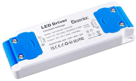 Elezenioc LED Transformator 12V 15W, Ultra dünn Trafo 230V auf 12V Transformator 1.25A, AC/DC Konstantspannungs Netzteil für Lampen Nicht Dimmba für G4 MR16 MR11(Blue-12v-15W)