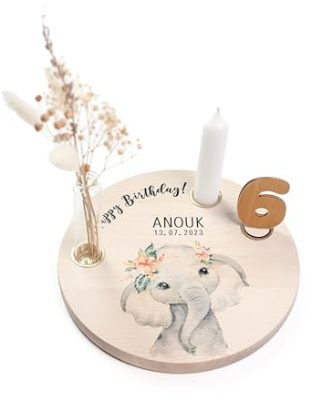 Nord-Kind® Geburtstagsteller personalisiert – Elefant 1 | Personalisiert aus Buchenholz, inkl. Kerze, Vase, Zahlen und Haltern; 20 cm.