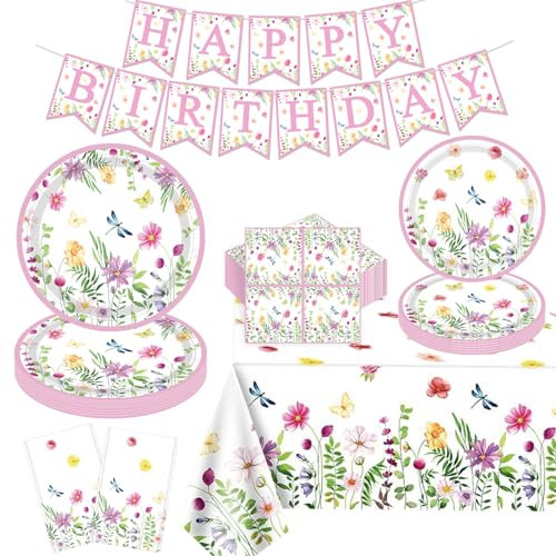 123 Pack Spring Flower Party Supplies Floral Paper Plates Banner, Tablecloth, Napkins Summer Wildflower Baby Shower Birthday Tableware Decorations for Spring Picnic Wedding Tea Party Serves 40