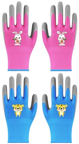 2 Pares Guantes de Jardinería para Niños, Guantes de Trabajo en el Jardín para Niños, Guantes de Jardín Recubiertos de Goma, Guantes de Seguridad, para Jardinería y jugar