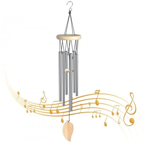 Ehuihuan Silbernes Windspiel 28 cm – Windspiele für Draußen & Drinnen – Klangspiel aus Aluminiumlegierung und Kiefernholz im Monddesign – Hängendes Windspiel Garten, Terrasse, Balkon – Beruhigende Klä